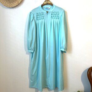 Vtg Evelyn Pearson go coat lounge aqua robe fleece pinch pleat midi zip‎ L/XL